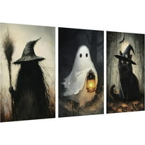 Halloween Decorations Indoor Wall Decor: 3 pcs Large Scary Witch Ghost Black Cat Canvas Poster, Classic Horror-themed Halloween Wall Art, Goth Dark Moody Paintings for Living Room Bedroom,