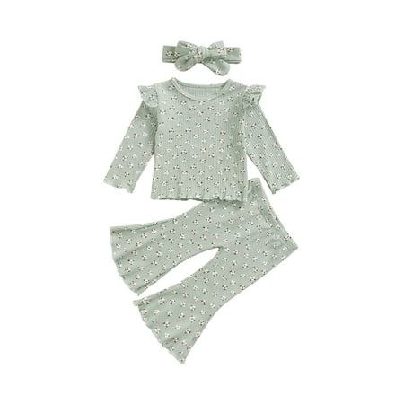 

TheFound Lovely Kids Baby Girls 3pcs Clothes Flowers Printed/Solid Ruffles Long Sleeve Tops Flare Pants Headband Sets