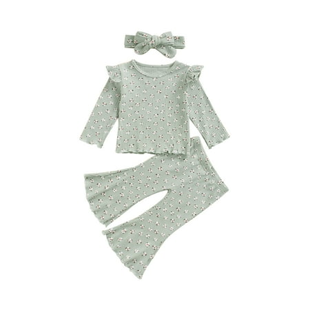 

Nokpsedcb 3PCS Toddler Infant Baby Girls Flower Long Sleeve T-shirt Trumpet Pants with Headband Green 3-4 Years