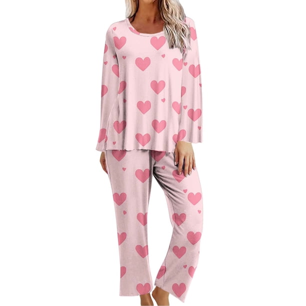 Pantalones Cortos de Manga Larga Pajama Set de la Mujer Día de San Valentín Impreso Manga Larga con Pantalones de Bolsillo Recortados, Ropa de Salón Casual