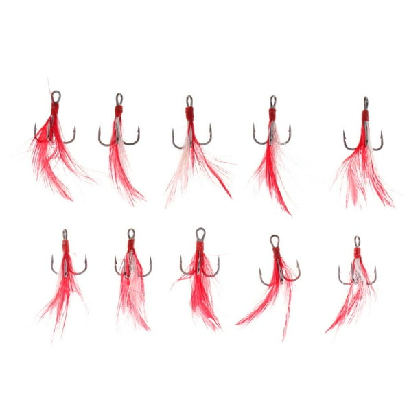 10 anzuelos de pesca de plumas artificiales resistentes, anzuelos triples para remolque, 4 tamaños 06