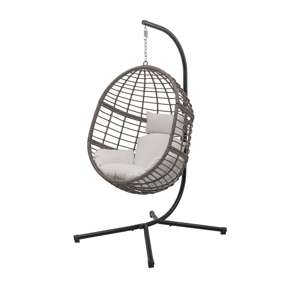 Abble Gray Wicker Hanging Swing Chair with Cushion and Stand - Aqua