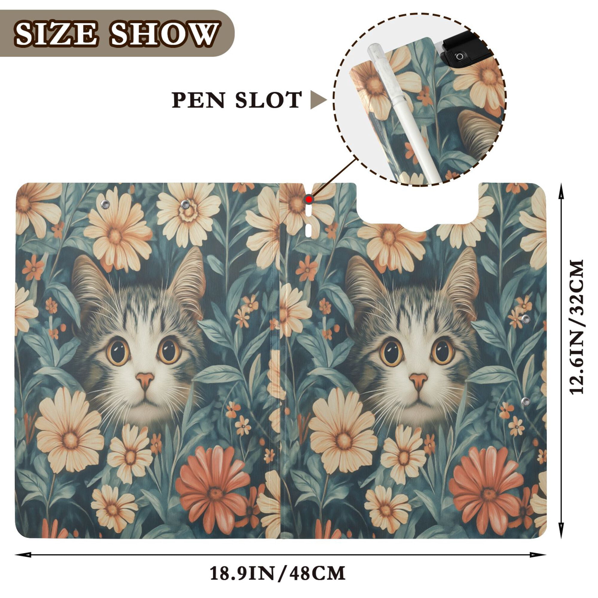 FORMRS A4 Clipboard Folder with Pen Holder Horizontal Foldable School Office Binder, Flowers Cat