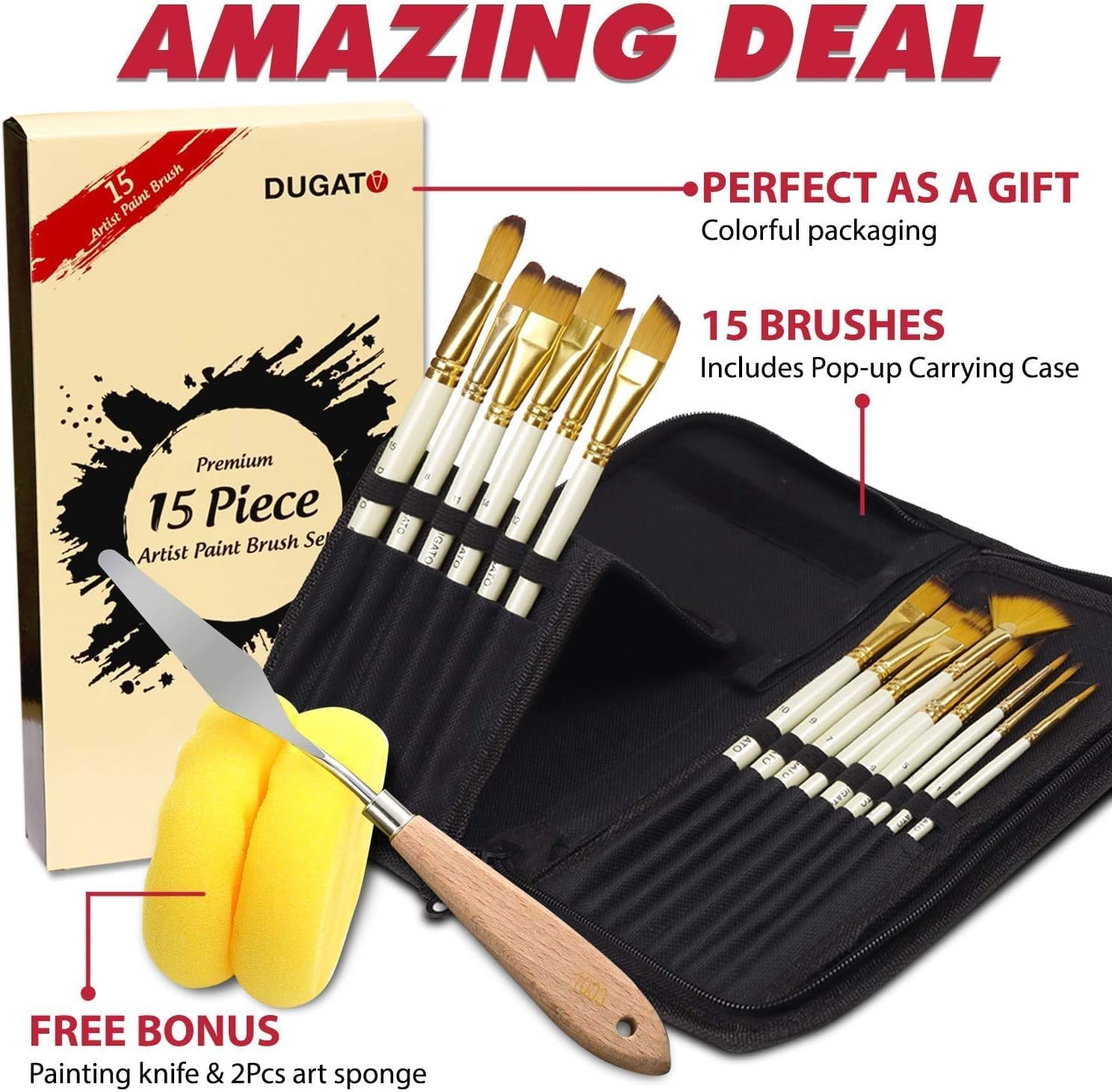JJEAN-15pc Artist Paint Brush Set with Pop-Up Case, Palette Knife & Sponges - Nylon Hair for Acrylic, Oil, Watercolor, Gouache, Model & Craft Painting