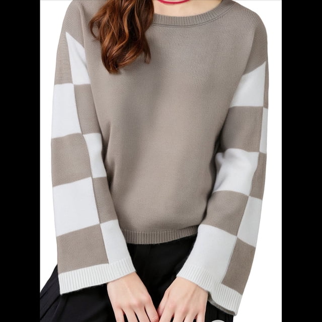 Suéter Informal de Mujer con Bloques de Color y Cuadros, Cuello Redondo, Larga, Jersey de Punto Corto. Caqui S