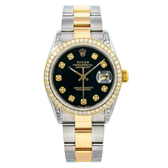 Pre-Owned Rolex Datejust 34MM 1505 Black Diamond Dial Diamond Bezel Two Tone Yellow Gold Oyster Bracelet
