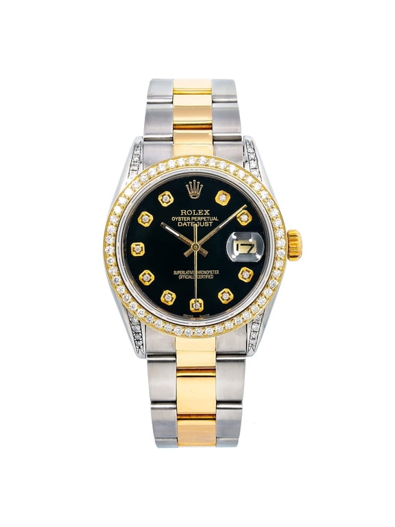 Pre-Owned Rolex Datejust 34MM 1505 Black Diamond Dial Diamond Bezel Two Tone Yellow Gold Oyster Bracelet