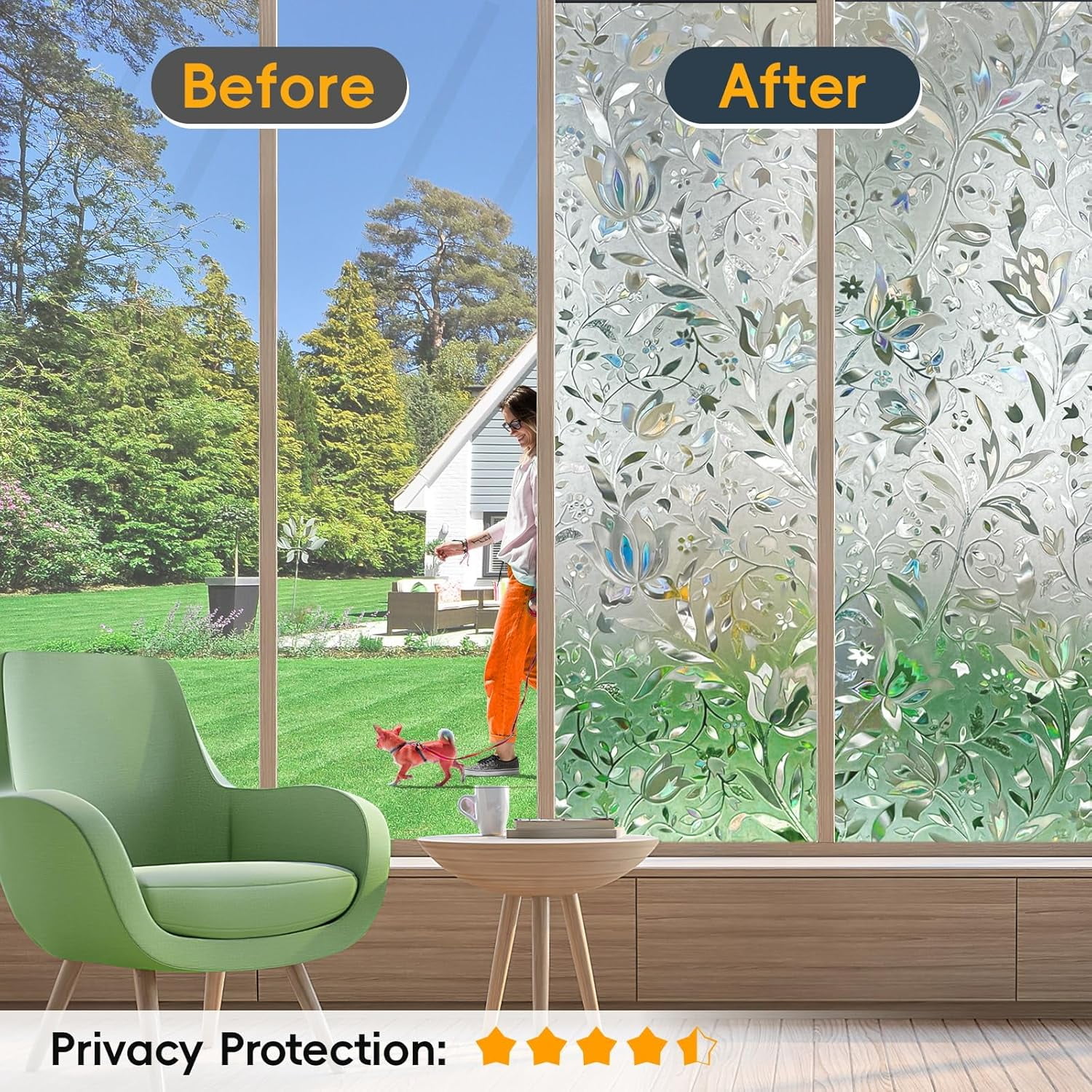 BSHAPPLUS® 17.7" x 78.7" Privacy Window Film,Tulip Rainbow Window Clings,Stained Glass Window Film,Non-Adhesive Window Tin,Anti UV Window Sticker for Home Kitchen Bathroom Office