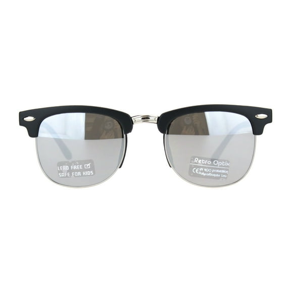 Boys Child Size Color Mirror Lens Hipster Half Rim Sunglasses Black Silver Mirror