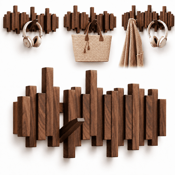 Wooden Coat Rack Wall Mount, Walnut Color, 6 Hooks, Piano Coat Rack, Flip Down Wall Hook Rack for Entryway, Living Room, Bedroom, Bathroom, Kitchen