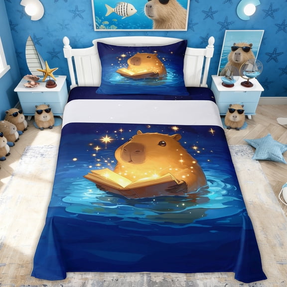 Erosebridal Kids Cartoon Capybara Twin Sheet Sets, Galaxy Stars Bedding, 3pcs
