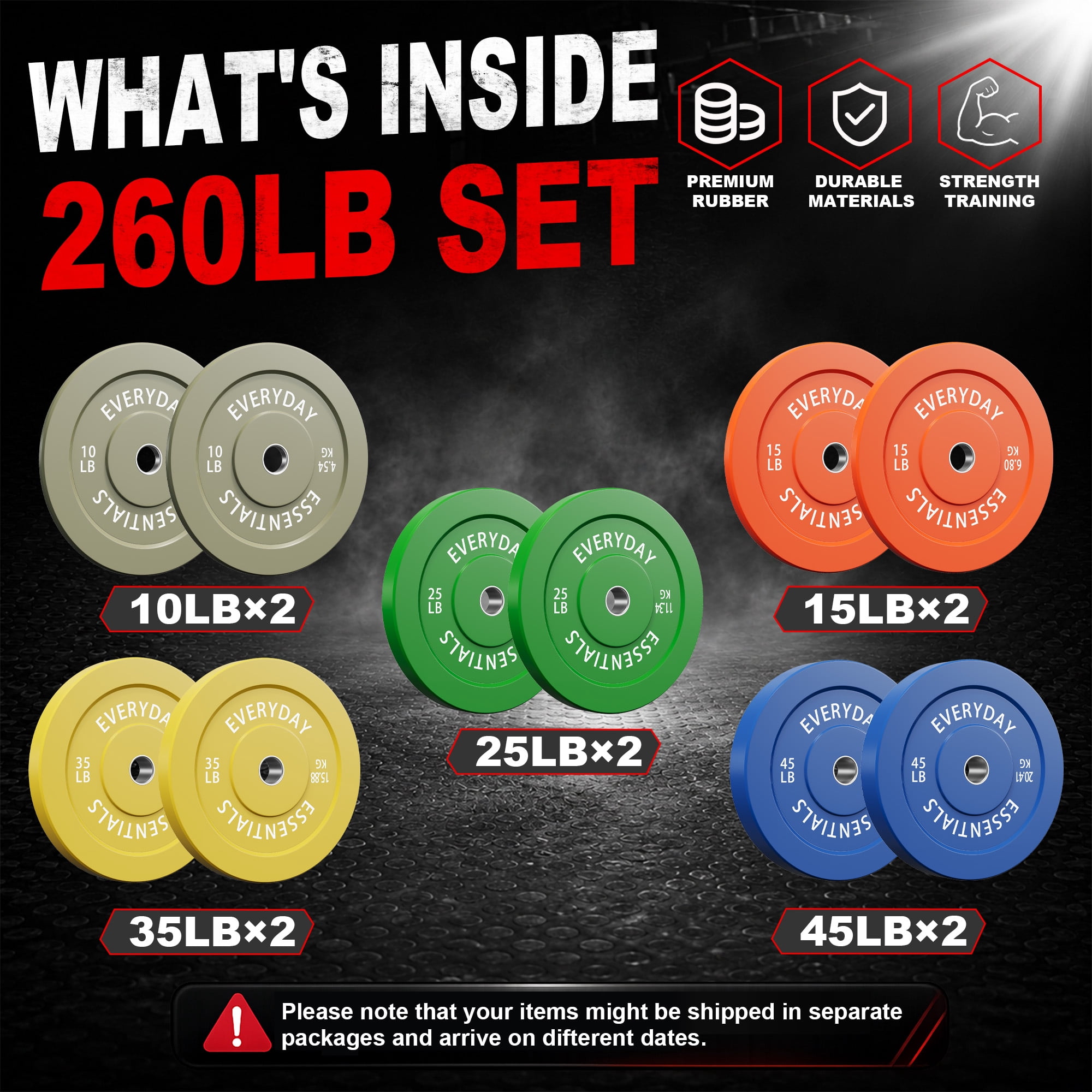 INTRTLOCKINGING TILES 260 LB Colored Bumper Plates Set, Olympic 2-Inch Rubber Weight Plates for Home Workouts, Weightlifting and Strength Training