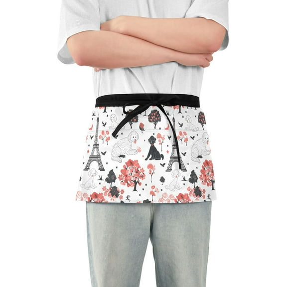 Eiffel Tower and Poodle Dog Server Apron with 3 Pockets Waterproof Waitress Waist Short Apron for Man Woman 12 Inches