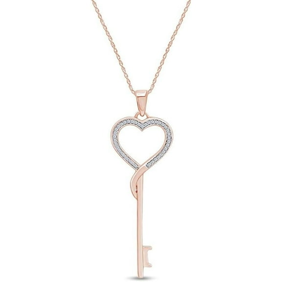 925 Sterling Silver 14K Rose Gold Finish Round Cut White Daimond Open Heart Key Pendant Necklace for Women