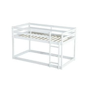 Bunk Bed Twin Over Twin, Low Twin Size Floor Bunk Beds with Ladder, Solid Wood Junior Bunk Bed for Teens Bedroom, No Box Spring Needed-White
