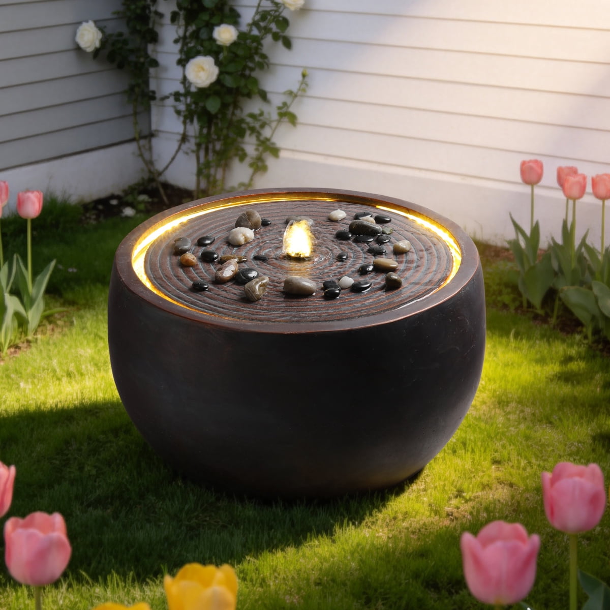 19.3" Modern Zen Bowl Water Fountain with Warm LED Light, Large Outdoor Patio Water Feature, Weather-Resistant Dark Stone-Look Fountain with Calming Water Flow for Backyard, Garden & Home Decor