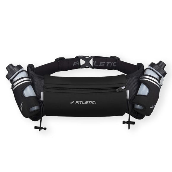 Fitletic Cinturón de hidratación para correr con botellas de agua para hombres y mujeres – 2 botellas de agua para correr de flujo rápido de 8 oz, diseño patentado sin rebote, bolsa resistente al agua