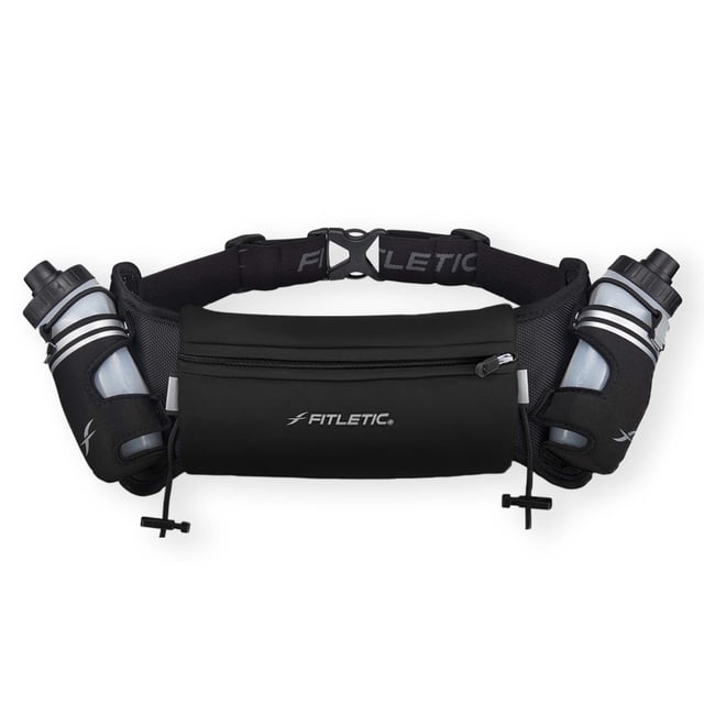 Fitletic Cinturón de hidratación para correr con botellas de agua para hombres y mujeres – 2 botellas de agua para correr de flujo rápido de 8 oz, diseño patentado sin rebote, bolsa resistente al agua