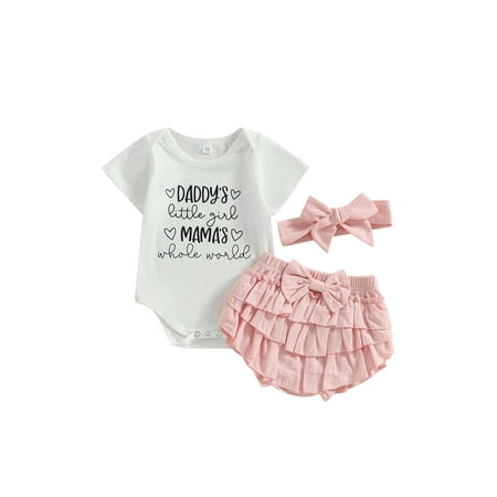 

Qtinghua Newborn Baby Girls Summer Outfits Letter Print Short Sleeve Romper Bodysuit+Ruffle Shorts+Headband Clothes