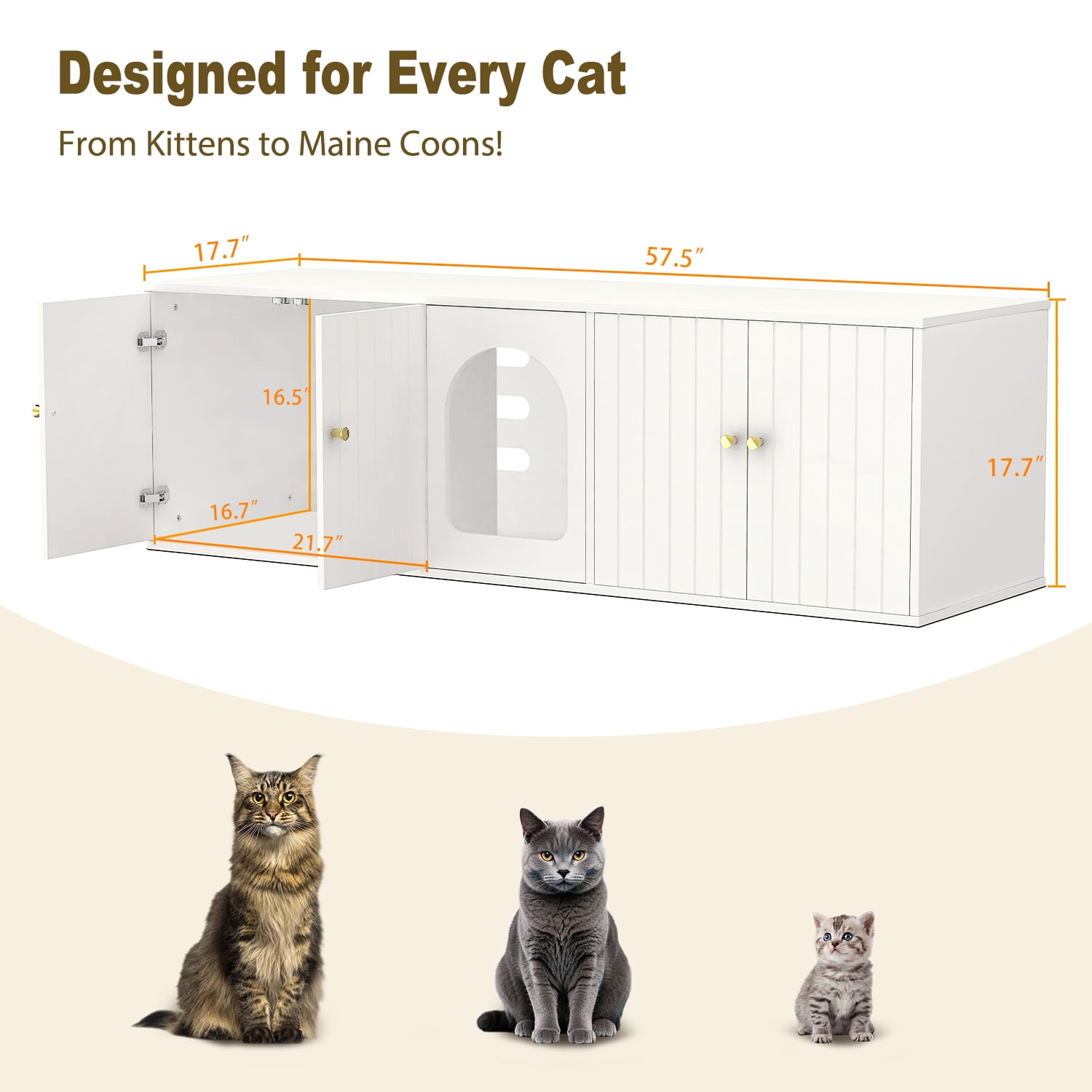 Cat Litter Box Enclosure for 2 Cats, Litter Box Furniture with Double Room, Central Entry, and Dual Use as TV Stand for Living Room, White (Grounded Version)