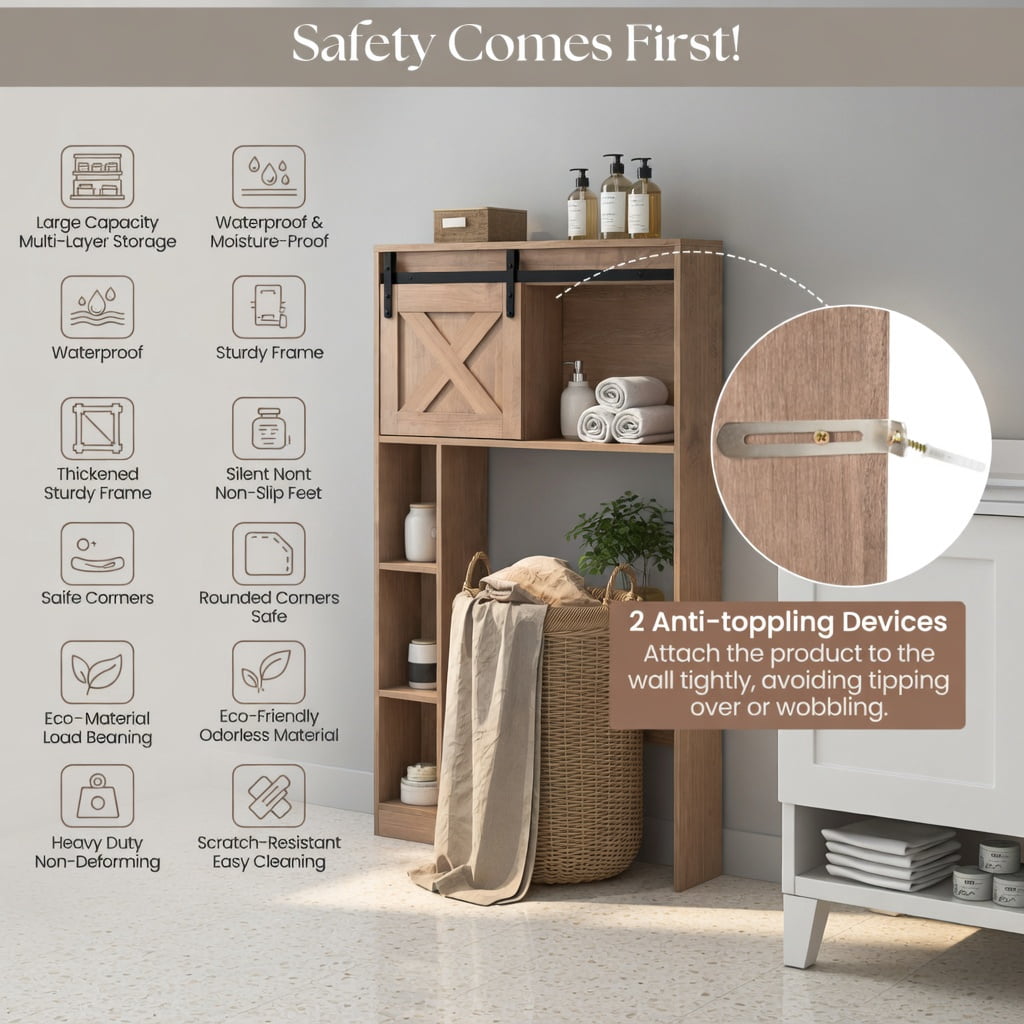 Hommoo 4-Tier Over-the-Toilet Storage Cabinet with Sliding Barn Door, Engineered Wood Bathroom Organizer for Toilets, Laundry Rooms, Rustic Brown