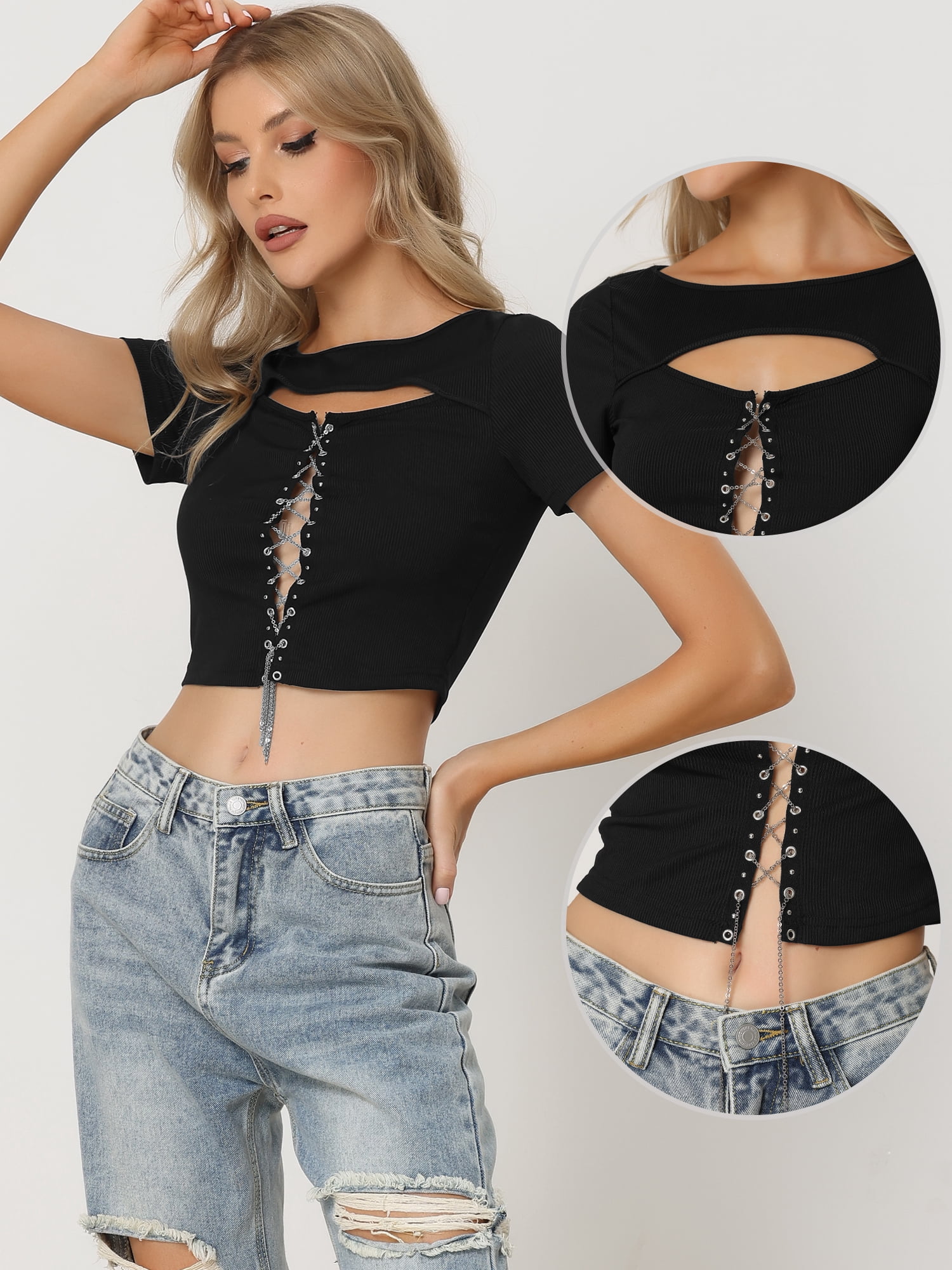 Unique Bargains Women's Rib-knit Contrast Stitch Lace Up Front Tank Croppped Top XS Black
