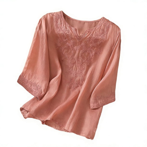 Tops de Lino para Mujeres Lino de Imitación Bordado Casual de Mediana Longitud con Cuello en V Manga Superior 3/4 para el Hogar Y el Uso Diario
