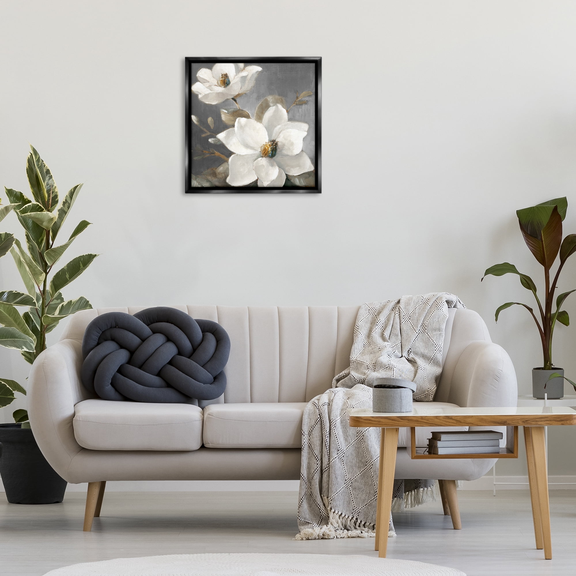 Stupell Industries Magnolias on Grey Botanical & Floral Painting Black Floater Framed Canvas Art Print Wall Art, 25 x 25