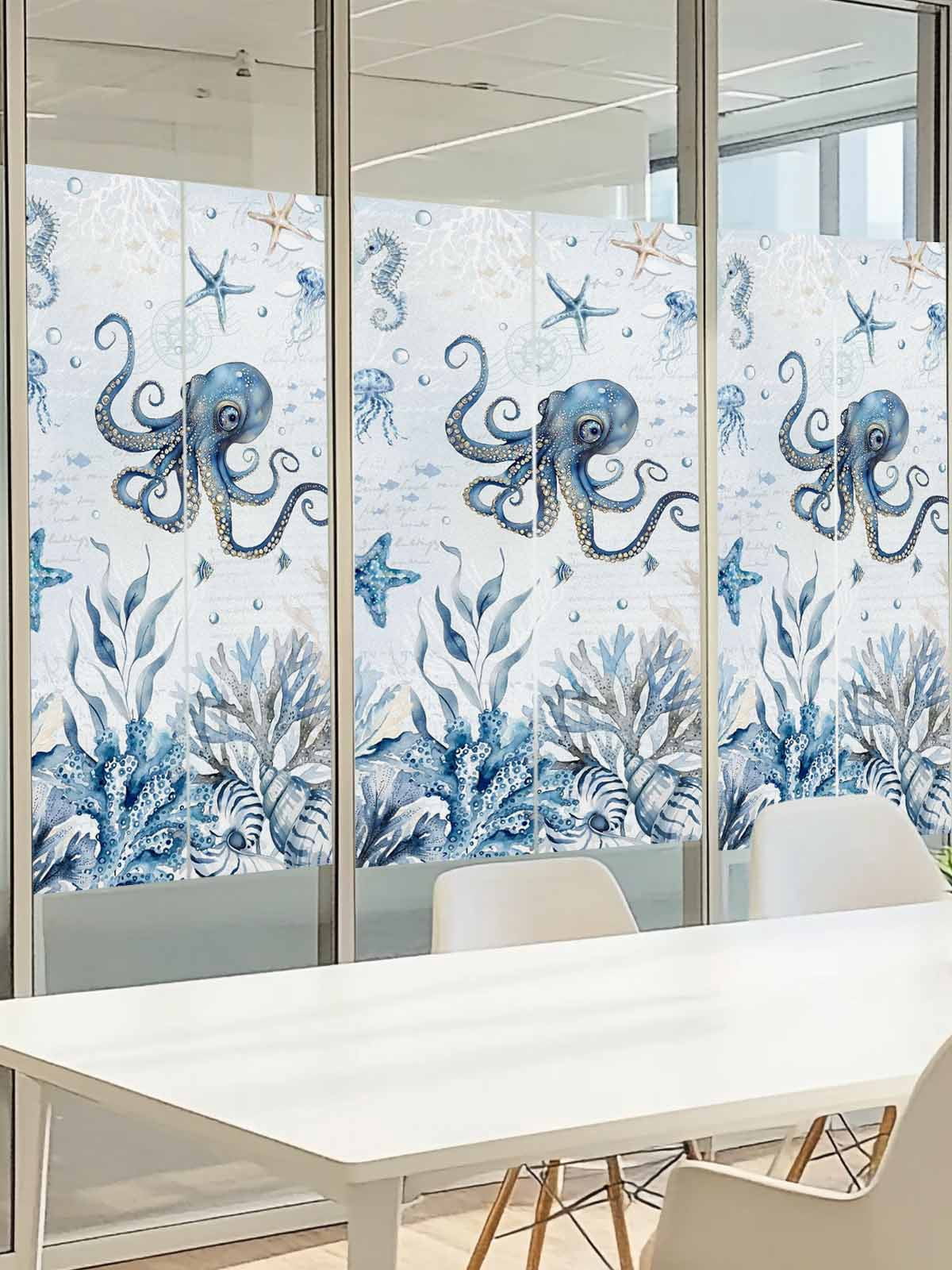 Blue Marine Life Window Privacy Film, Ocean Octopus Coral Sea Star Seashell Jellyfish Coastal Frosted Glass Window Clings Static Cling UV Heat Blocking Reusable Sticker for Bedroom 17.7x78.7 Inch