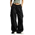 thumbnail image 4 of LEAVINGSUO Wide Leg Cargo Pants for Women Plus Size Elastic Waist Cargo Pants Casual Loose Wide Leg Trousers With Side Pockets Black S, 4 of 8