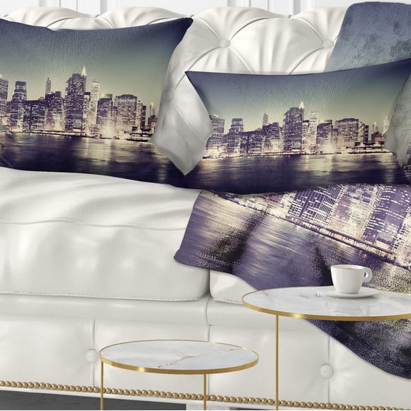 Designart Black and White NYC Night Panorama - Throw Pillow - 12x20