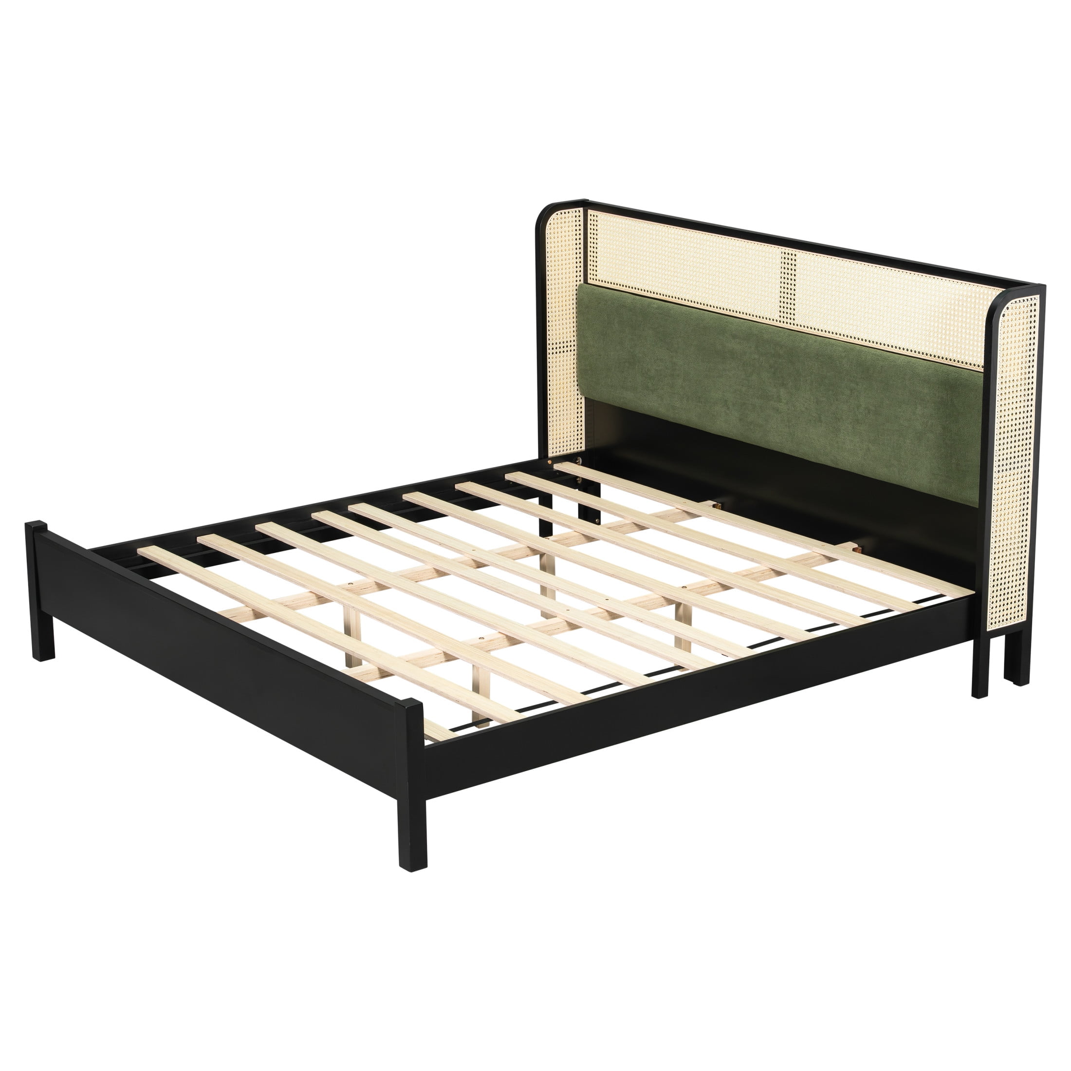 Christopher Knight Home Boho King Bed Frame and Nightstand Set, Green Upholstered Headboard, Black