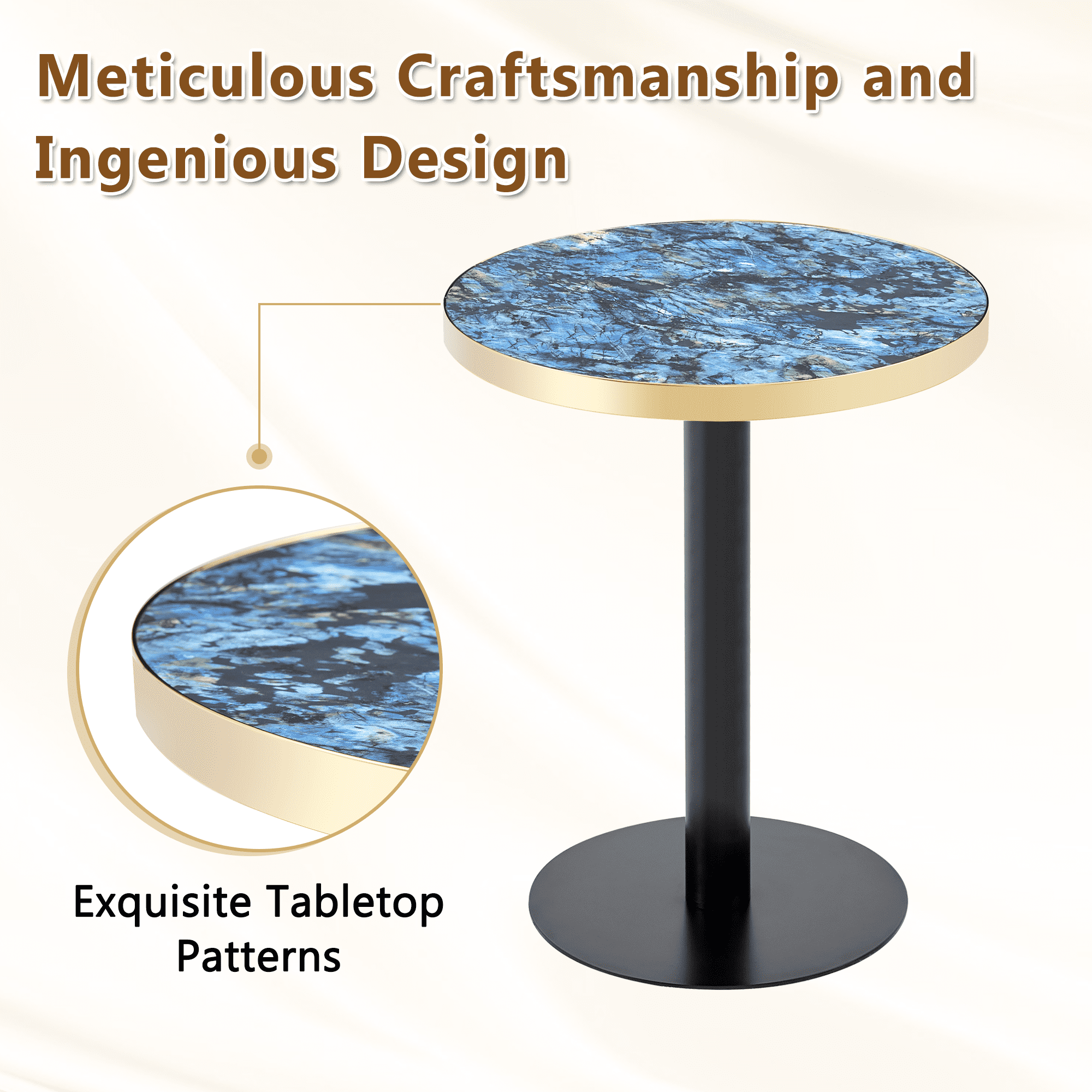 23.6" Round MDF sprayed with UV paint countertop, marble texture, stainless steel edging, metal table legs, modern light luxury edge/coffee table.