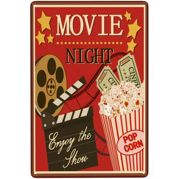 Movie Night Poster Tin Sign Enjoy The Show with Popcorn Red Background Vintage Metal Tin Signs for Men Women Wall Art for Home Bars Clubs Cafes Wall Decor Plaque Gift 16x12 Inch