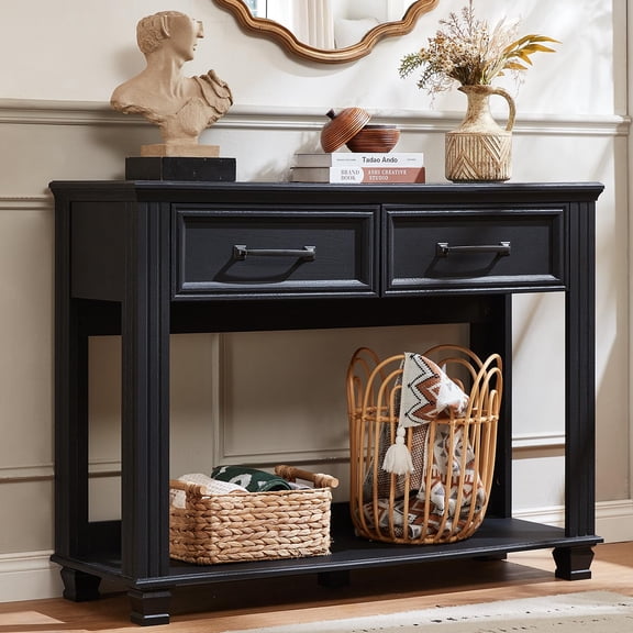 Buildhom 46" Farmhouse Console Table with 2 Drawers, Rustic Wood Sofa Table Behind Couch, Entryway Table with Open Shelf for Living Room, Black