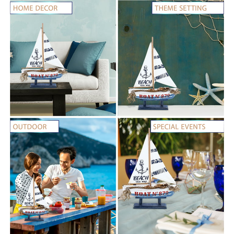 Cota Global Ocean Blue Sailboat Decor - Large Handmade Wooden Boat Decor Cute Beach Style Model Sail Boat Decorations, Nautical Themed Table Top Decor