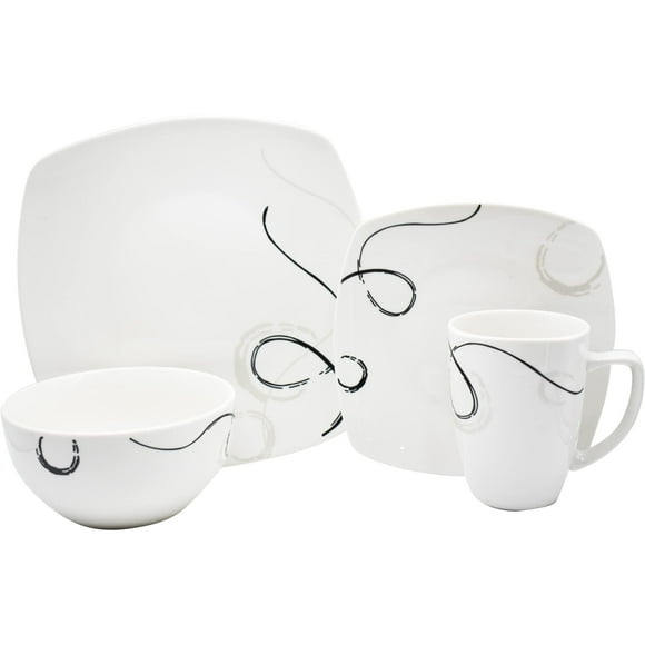 Kaiser 1768-18 Juego de Vajilla Moderna Cuadrada de Porcelana, 16 piezas para 4 Personas con Diseño Arte en Espiral Minimalista, Plato Trinche, Plato Postre, Plato Sopero y Taza Ambient 21 NA