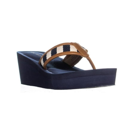 Womens Nine West Ancy Platform Wedge Fip Flopss, Navy/Cognac