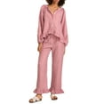 thumbnail image 1 of Gupgi Women Plaid Pajama Sets 2 Piece Lounge Set Long Sleeve Button Down Shirt Ruffle Pants, 1 of 8