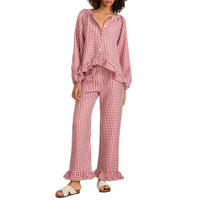 Gupgi Women Plaid Pajama Sets 2 Piece Lounge Set Long Sleeve Button Down Shirt Ruffle Pants