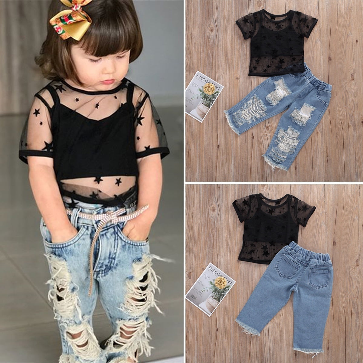 Toddler Kids Clothing Baby Girls Vest Tank Top Ripped Denim Shorts Skirts Outfits Clothes Set Black Mesh Vest Top 2 3 Years