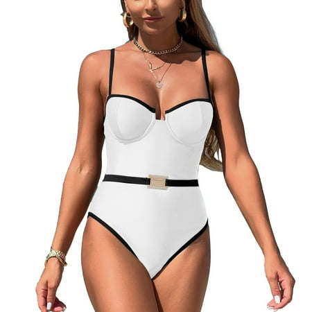 SWSMCLT Women s Sexy Swimsuit Vintage One Piece Swimsuit Adjustable Bathing Suit Padded Backless Summer Short White X-Large