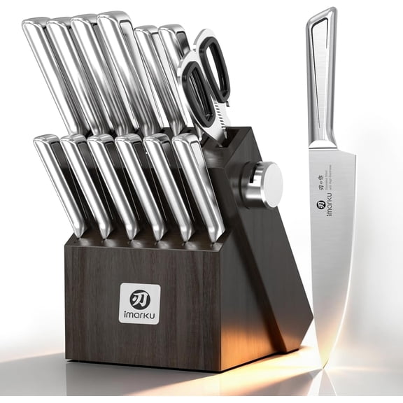 Fojitor Knife Kitchen Sets, Japanese Stainless Steel 14 Pcs Knife Block Set,Chef Knives with Built-in Sharpener, Dishwasher Safe, Non-Slip Ergonomic Handle,Deba Knife for Fish, Essential Home Gift