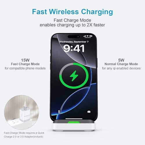 Fast Wireless Charging Station for Google Pixel 9/9 Pro/9 Pro XL/Fold/8 Pro/8a/8/7a/7 Pro, Android Phone Wireless Charger Stand Desk with QC3.0 Adapter for Samsung Galaxy S25/S24/S23 Ultra, iPhone 16