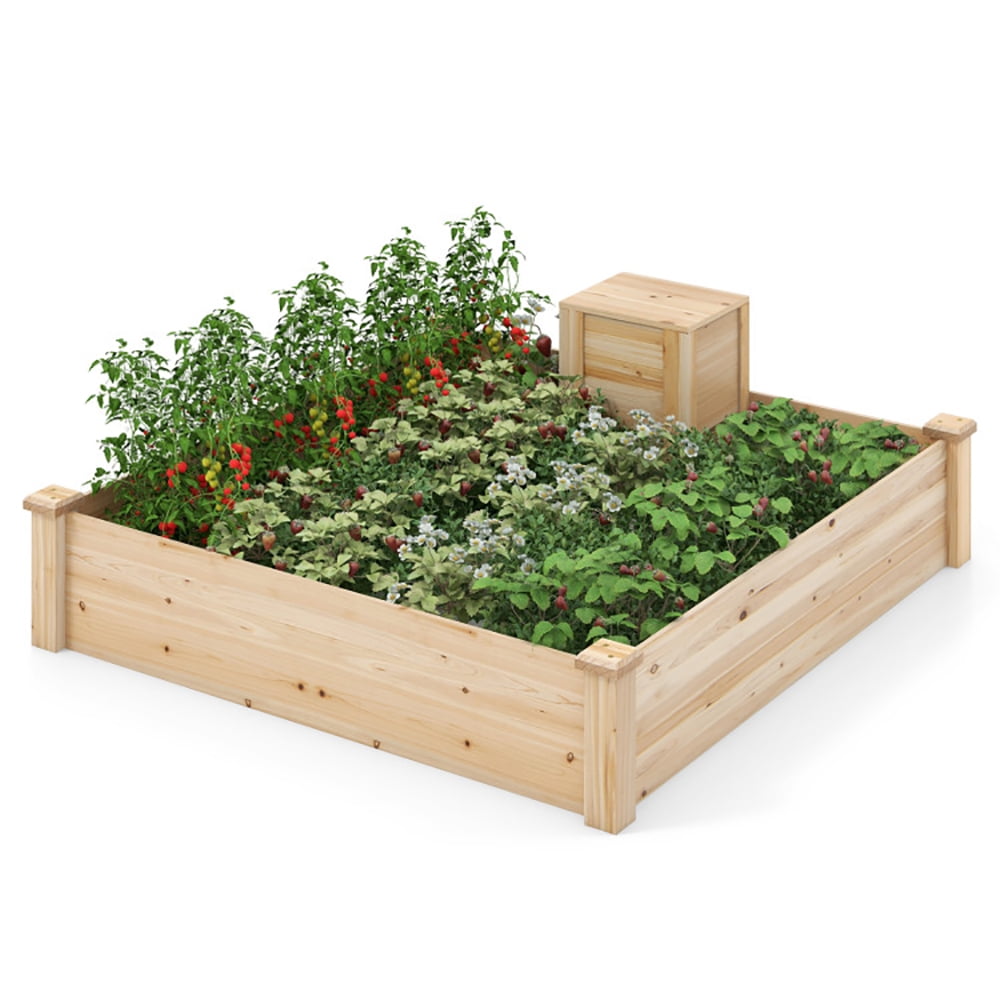 Spaco 49" x 49" x 10" Raised Garden Bed with Compost Bin and Open-ended Bottom-Natural, Outdoor Elevated Flower Box for Backyard/Patio/Gardener