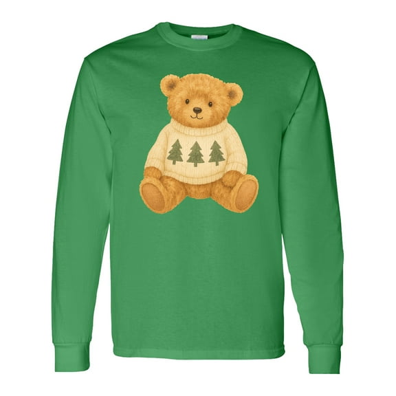 Inktastic Vintage Teddy Bear in Sweater with Christmas Trees Long Sleeve T-Shirt