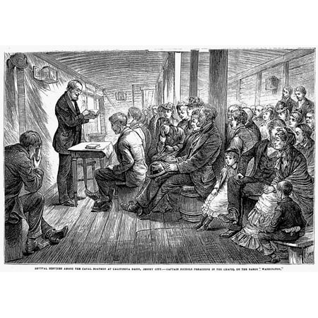 Revival Meeting On Barge Na ShipS Captain Preaching A Revival Service For Boatmen And Their Families Aboard A Barge At Jersey City New Jersey Wood Engraving American Late 19Th Century Rolled Canvas