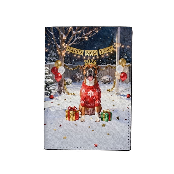 Happy New Year 2026 Boxer Holiday Balloons Party Snow Travel Passport Wallet Boxers Dog Lover Gifts Idea PU Leather Passport Holder Cover - 13018