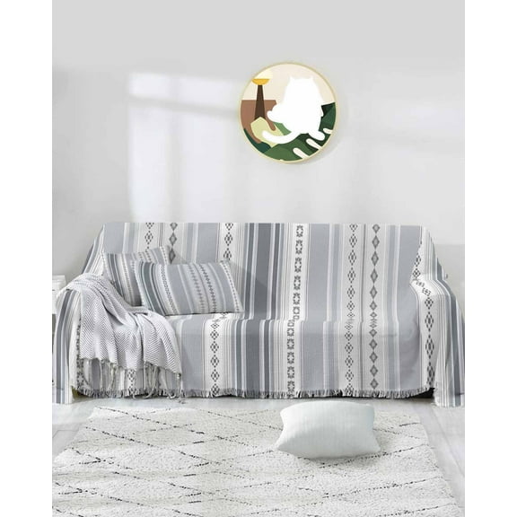 Boho Grey Stripes Sofa Covers for 3 Cushion Couch,Washable Sectional & L Shape Couch Covers for Dog/Cat/Kid,Rustic Geometric Ethnic Bohemian Non Slip Sofa Slipcover Tassel Futon Cover 71''x150''