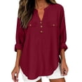 thumbnail image 2 of ClodeEU Women's V Neck Long Sleeve Linen Blend Button Shirt Top ,Solid Color Casual Blouse Wine,Womens Plus XXL, 2 of 7